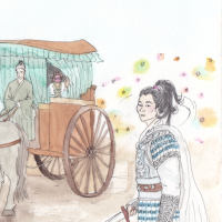 a blushing fem!Mei Changsu hiding in a carriage looking at Nihuang